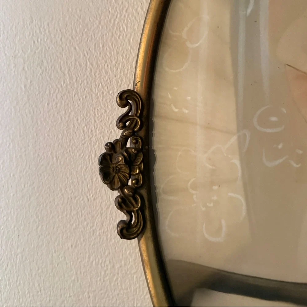 Antique Oval Bubble Glass Ornate Metal Frame Hand Colored Child Portrait Vintage